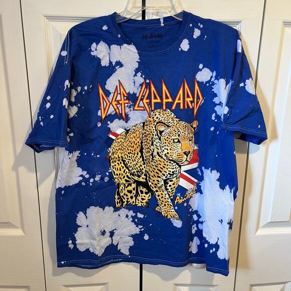Def Leppard Hysteria Animal Band Tee Bleach Tie Dye Blue White Large NWOT - Picture 1 of 5